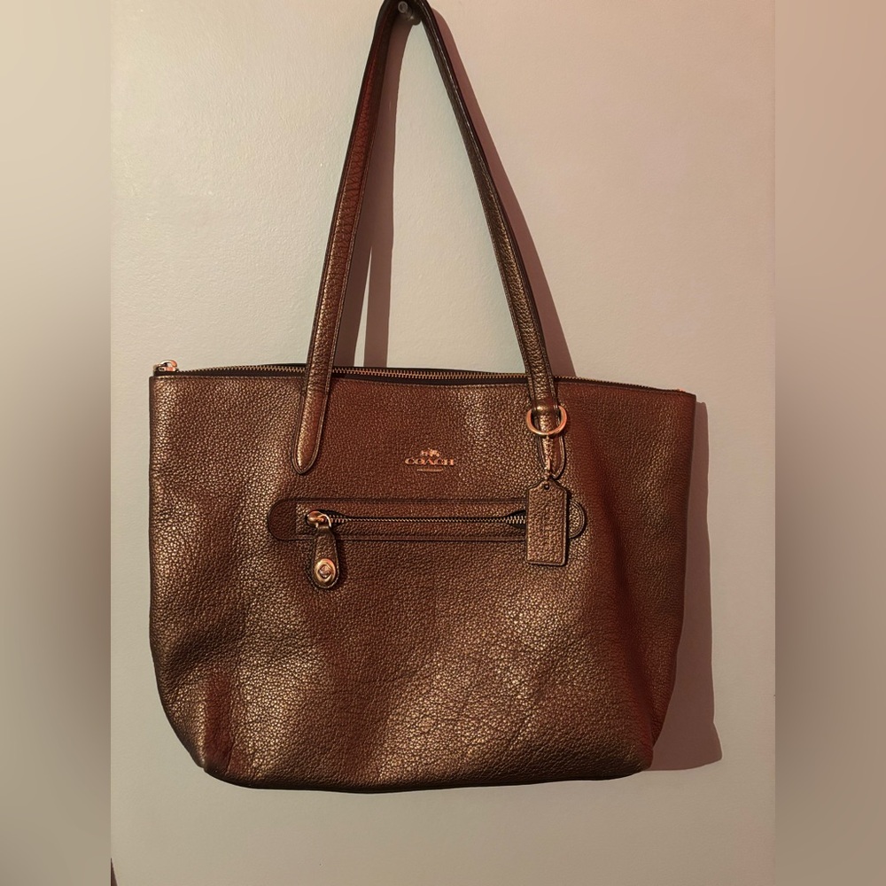 Coach Brown Leather Tote Bag with Metallic Finish